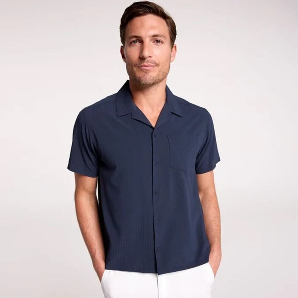 VRST Performance Resort Shirt Button Up Blue Cruise Vacation Breathable Medium